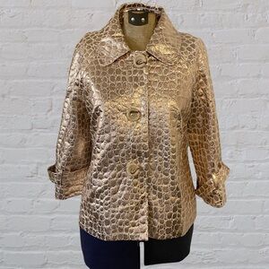 VINTAGE Metallic Gold Faux Alligator Button Front Blazer Jacket Coat